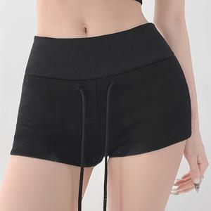 TEMU 여성용 하이웨이스트 골지 반바지, 드로스트링 디자인, 힙업 핫팬츠, 봄 여름 신상 스타일, 골지 접이식, Y2K 패션 의상