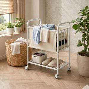 TEMU 바퀴 달린 대용량 2단 빨래바구니 옷정리 끝! 상단 빨래/갈아입을 옷, 하단 신발·세제 수납 멀티 정리카트(2컬러)