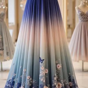 TEMU 봄/여름 신상 그라데이션 프린트 신축성 허리 여성용 롱 A라인 스커트, 우아하고 패셔너블한 시크한 시폰 맥시 원피스, 데일리웨어용, 사계절 활용 가능