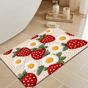 TEMU [제품] [플란넬 + 1cm 두께 스펀지 소재] 재미있는 현관 매트｜스트로베리 데이지 패턴 프린트 매트, 침실, 주방, 식당 및 욕실과 같은 다양한 환경에 적합합니다. 미끄럼 방지 기능이 있으며 세탁기 사용 가능