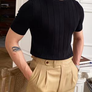 TEMU 2024 신상 남성 슬림핏 스트레치 니트 반팔 티셔츠 - 솔리드 컬러 라운드넥 여름 캐주얼 & 스포츠웨어, 통기성 데일리 웨어, 아웃도어 활동용, 레저 의류, 세련된 룩, 중간 탄력