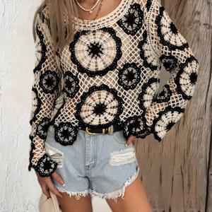 TEMU 여성용 스타일리시 핸드메이드 코바늘 레이스 커버업, 라운드넥 신축성 있는 속이 빈 비치 탑