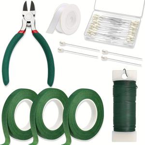 TEMU 플로럴 테이프와 와이어, 화가용 테이프와 꽃 와이어, 화이트 리본, 핀, 부케용 와이어 커터, 공예, 리스 만들기