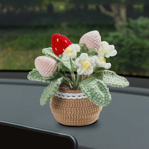 TEMU 1개 수제 뜨개질 딸기 식물 인조식물 - 차량 대시보드 & 장식용, 뿌리 시스템이 있는 리얼리스틱 미니어처 과일, 저유지보수 실내 가드닝 장식