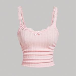 TEMU 봄/여름 신상 비치 로맨틱 바캉스 스타일 레이스 패치워크 보우노트 장식 하트 텍스처 귀엽고 가루 캔디 소매 탑