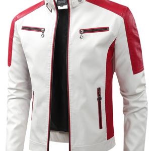 TEMU 남성용 PU 가죽 재킷 - 레드 & 화이트 컬러블록 지퍼 바이커 코트, 스탠드 칼라 논스트레치 도시 출퇴근 및 캐주얼 착용용, 쉬운 세탁 가능한 아우터웨어, 지퍼 수납 포켓, 메탈릭 아이렛 디자인