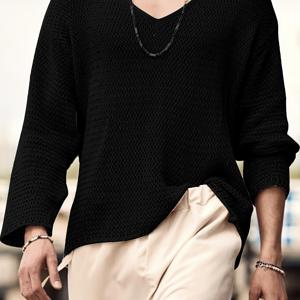 TEMU 남성 스트릿웨어 V넥 레이스 니트 스웨터 - 반투명 루즈핏 긴팔 풀오버, 봄 가을 캐주얼 착용 가능 기계 세탁 솔리드 컬러 탑, 가을 레이어링 아이템