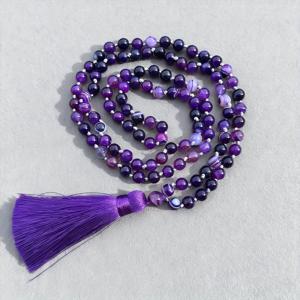 TEMU 8mm 보라색 줄무늬 스톤 비즈 매듭 108 말라 목걸이
