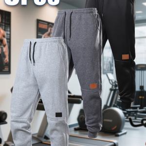 TEMU 편안한 착용감의 남성용 조거 팬츠 3종 세트 | 탄성 있는 무릎 패치, 캐주얼 드로스트링 허리, 그리고 일상복으로 적합한 단색 디자인. 가벼운 플리스 소재로 따뜻함을 제공하고 운동 중에 체온을 유지하는 데 도움을 줍니다.