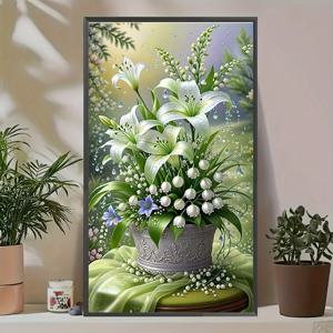 TEMU 마후니야 신제품 페인팅 키트 - 화이트 릴리, , 장식용 화분, 일러스트레이션 - 대형 DIY 자수 - 프레임리스 5D 풀 드릴 라운드 - 홈 데코 - 퍼즐 엔터테인먼트 40x70cm/15.75x27.56인치