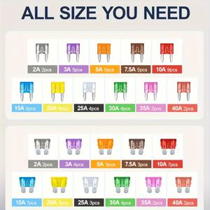 TEMU 100개 자동차 퓨즈 콤보 키트, 56개 블레이드 퓨즈 자동차용 + 44개 자동차 퓨즈 + 퓨즈 풀러 1개 - 자동차/캠핑카/트럭//보트에 적합 (2A 3A 5A 7.5A 10A 15A 20A 25A 30A 35A 40A), 소형 퓨즈 홀더, 내구성 강한 금속 구조, 자동차 퓨즈 키트