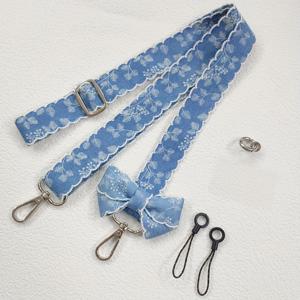 TEMU 오리지널 디자인 고품질 DIY 더블 루프 데님 레이스 보우 탈부착 가능한 폰 케이스 패드 숄더 스트랩 프린트 컵 인스턴트 카메라 미니 팬 등에 걸 수 있는 긴 로프 와이드 벨트 여성용 펜던트 액세서리 아이폰 17/16 프로 호환