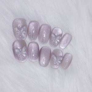 TEMU 드림 익스피리언스 핸드메이드 10pcs 미디엄 오벌 네일 세트, 우아한 나비 레이저 디자인, 여성을 위한 섬세한 네일 - 웨딩/이브닝 파티/데이트/출퇴근/TV 시청/애프터눈 티타임/미술 전시회/모임/축제 행사/일상 업무용