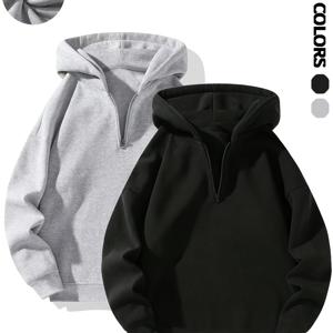 TEMU 2피스 남성 솔리드 컬러 하프 지퍼 후드티, 블랙 앤 그레이, 남성용 캐주얼 무지 긴팔 풀오버 스웨트셔츠, 가을 의상, 가을/겨울 웨어, 스트리트웨어, 남성 의류, 남성 캐주얼 복장, 멀티 시ーン 웨어