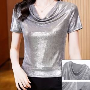 TEMU ZH41055 여성용 슬림핏 광택 베이스 레이어 고급스러운 느낌의 보트넥 반팔 티셔츠