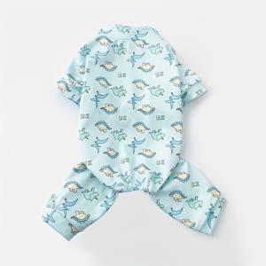 TEMU 매력적인 만화 패턴 강아지 원피스 - 포근한 애완 동물 의류, 사랑스러운 파란색 공룡 테마 강아지 옷, 강아지 잠옷, 모든 크기의 고양이와 강아지에게 이상적, 가을, 겨울, 봄 시즌에 적합