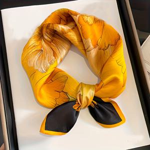 TEMU 클래식 노란 잎사귀 패턴 스퀘어 스카프, 새틴 질감, 사계절 사용, 해변 파티, 선물