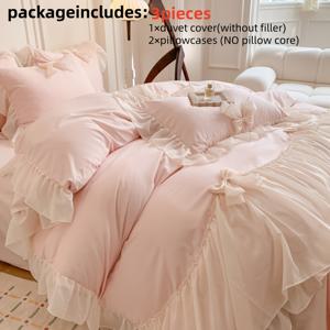 TEMU 시폰 나비 레이스 깃털 이불 커버 3종 세트 (이불 커버 1개, 베개 커버 2개, 속통 미포함), 부드럽고 편안한 폴리에스터 섬유 침구, 세탁기 사용 가능, 안전한 고정을 위한 모서리 스트랩, 침실, 가정용 또는 손님방에 이상적