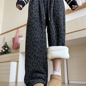 TEMU 여성용 겨울 와이드 레그 팬츠 - 두꺼운 프린트 하이웨이스트 트라우저, 루즈핏 풀 레그 길이, 캐주얼 아웃핏, 야외 및 캐주얼용 (필수 없음) | 가을/겨울 레이어링용 세탁기 사용 가능