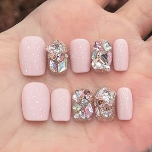 TEMU 10개입 라이트 핑크 컬러블록 별, 하트, 라인스톤, 캣아이 숏 프레스핏 인조네일. 캐주얼 스타일, 매력적이고 우아한 숏 스퀘어 탈착식 인조네일. 어버이날 선물로 적합