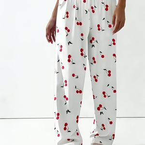 TEMU 여성용 와일드캣 체리 프린트 와이드 레그 파자마 팬츠 - 부드럽고 통기성 좋은 수면복, 탄력성 있는 허리밴드 & 과일 나이트가운, 루즈핏 라운지웨어 (비-)