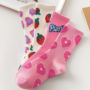TEMU 4켤레 핑크 스위트 쿨 양말 | 하트 모양 딸기 글자 프린트 종아리 양말, 트렌디하고 패셔너블, 집, 야외, 선물용으로 적합