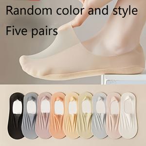 TEMU 여성용 초슬림 노쇼 양말 5켤레 - 실리콘 미끄럼방지 그립, 아이스 슬리키 섬유 소재, 통기성 메쉬 디자인, 봄과 여름에 적합한 연한 색상 팔레트, 미끄럼방지 신발용 | 은닉형 신발용 | 통기성과 편안함