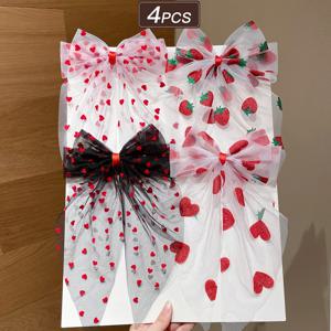 TEMU 새로운 발렌타인데이 귀여운 메쉬 러브 프린트 대형 리본莫尾과 긴 리본 머리핀 2/4개 세트, 휴일 파티용, 머리 뒤쪽용 스프링 헤어 클립, 모임에서의 데일리웨어, 발렌타인데이 선물용 헤어 액세서리