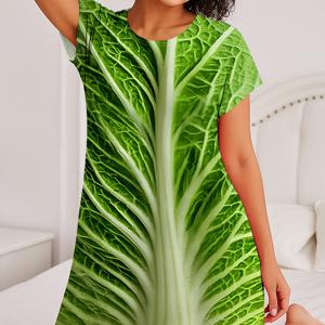 TEMU 1개 양배추잎 질감; 채소 패턴 프린트; 라운드넥 캐주얼 드레스, 우아한 나이트가운, 속옷, 편안한 레저웨어, 편안한 착용감, 성인용 파자마, 여성용 라운지웨어