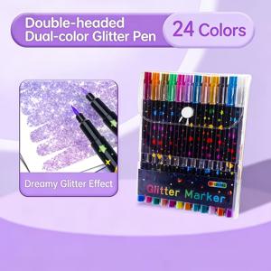 TEMU 24색 양면 글리터 펜, 빠르게 마르는 풀 같은 잉크 - 스크랩북킹, 카드 제작, 저널링용 미세 팁 팁-투-베이스, 스, 및 용품용 24색 양면 페인팅 펜 - 글리터 마커 세트