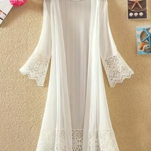 TEMU 여성용 가벼운 시스루 레이스 트림 삼분절 소매 카디건 - 슬림핏 커버업, 캐주얼 엘레강트 솔리드 컬러 봄 여름 가을 레이어링, 라운드넥, 섬세한 원단