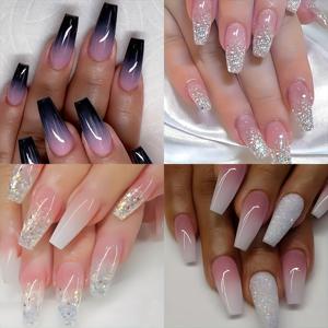 TEMU 4세트 96개 미디엄 롱 코핀 프레스온 네일 글리터 그라데이션 패턴 인조네일 광택 인공 손톱 매니큐어 네일