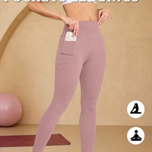 TEMU 부드러운 촉감의 여성용 포켓 레깅스, 하이웨이스트 터미 컨트롤 운동 요가 야외 러닝 팬츠 레깅스