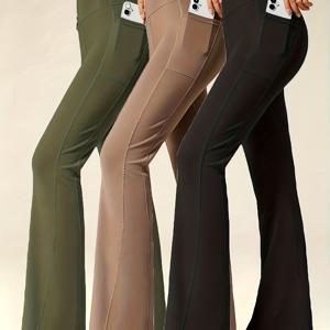 TEMU 여성용 하이웨이스트 요가 와이드 레그 팬츠 3피스 세트. 플레어 디자인과 과일처럼 부드러운 힐링 라인으로 매력적인 바닥라인을 연출합니다.