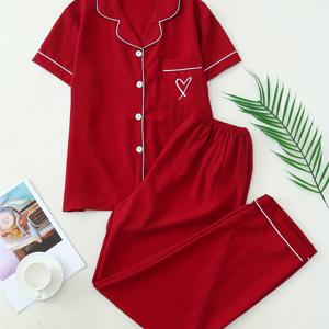 TEMU 2개 솔리드 컬러 여성용 가을 대비 트림 라펠 포켓 하트 자수 반팔 버튼업 탑 & 보우 타이 긴 바지 잠옷 홈웨어 세트, 가정용으로 적합