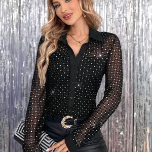 TEMU 북 코어 천 명의 방향 여성용 블랙 우아한 로맨틱 소셜 긴팔 슬림핏 시스루 패턴 셔츠