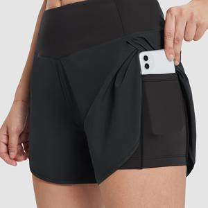 TEMU 여성용 하이웨이스트 스포츠 반바지 (러닝 및 요가용), 노출 방지 포켓 포함