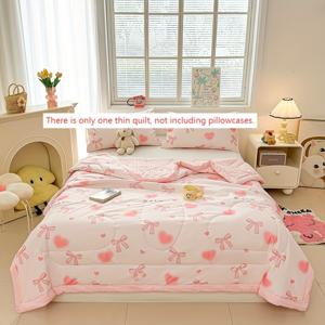 TEMU 보우노트 스타일 여름용 경량 퀼트 1개, 피부 친화적이고 부드럽고 통기성 좋은 사계절용, 엠보싱 도비 패턴이 있는 프린트 스타일, 퀼팅된 얇은 이불, 싱글 또는 더블용, 호텔, 가정, 침실, 손님방, 소파 및 침구용으로 적합, 베개 커버 미포함