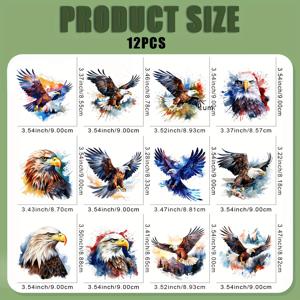 TEMU 12개 수채화 전사 - 멀티컬러 플라스틱 데칼, 세탁 가능하고 내구성 있는 플라시솔 열전달 스티커 DIY 티셔츠, 청바지, 마스크, 백팩용 - 서블리메이션 필요 없음, 준비된 프레스, 섬세한 깃털 디테일의 예술적 독수리 디자인