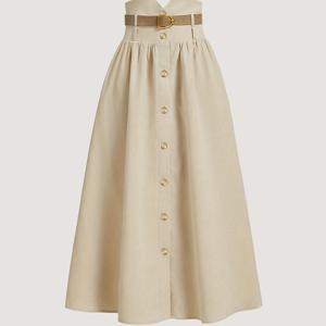 TEMU 활용도 높고 패셔너블하며 우아한 하이웨이스트 플리츠 롱 기장 치마, 버튼형 이어스타일 플랩 포켓, 뒷면 허리 랩 디테일, 벨트 포함, NS702