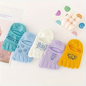 TEMU 5팩 여성용 다섯 발가락 양말 - 컬러풀하고 귀여운 캐릭터 디자인 & 영감을 주는 문구, 여름 캐주얼 및 스포츠용 통기성 좋은 부드러운 소재, 발목 길이 분할발가락 양말 (손세탁/드라이클리닝), 편안한 착용감