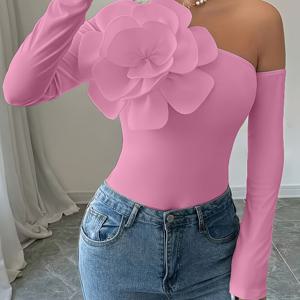 TEMU 플로럴 슬란트 칼라 슬림 롱 슬리브 캐주얼 탑