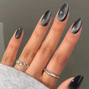 TEMU 24개 롱 아몬드 모양 프레스온 네일 - 블랙 캣 아이 광택 인조네일 & 젤리 접착제 및 네일 파일 포함, 쉬운 적용과 오래가는 스타일리시 네일아트용 내구성 있는 프레슨