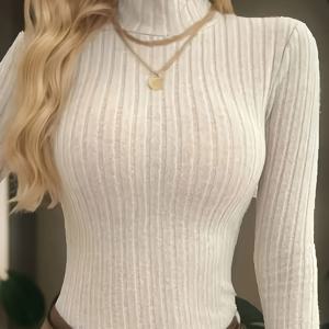 TEMU 여성용 우아한 하이넥 긴팔, 섹시한 솔리드 컬러 슬림핏 긴팔 티셔츠