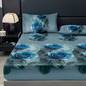 TEMU 3개 블루 로즈 침구 이불 커버 베갯잇 – 편안하고 부드러움, 보풀 방지, 매트리스 커버 및 베갯잇 2개 포함, 충전재 없음, 사계절용, 가정, 호텔, B&B, 남녀공용, 싱글/더블 침대 커버, 편안한 프랑스 로맨틱 스타일