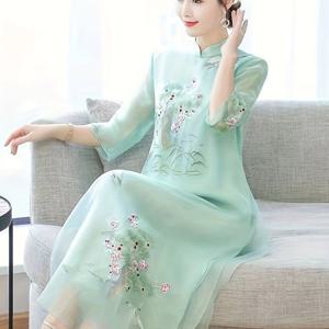 TEMU 전통 스타일의 지퍼가 달린 이중 레이어 롱 자수 치파오 드레스