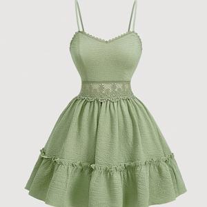 TEMU 우아한 V넥 레이스 장식 스트랩 드레스 | 단색, 대비되는 레이스 디테일, 봄/여름/가을에 적합, 성인용