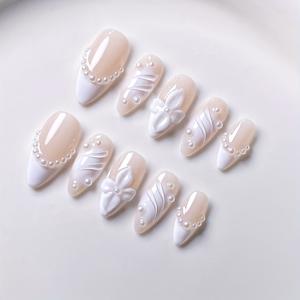 TEMU 10개입 수제 프렌치 매니큐어 프레스온 네일 - 우아한 화이트 & 크리미 - 아몬드형 미디엄 길이 플라워 디자인 & 라인 장식 - 광택 마감 럭셔리 네일 연장 (웨딩, 파티, 일상용) - 홈 어플리케이션, 네일 액세서리, 특별한 날, 디테일한 장식, 뷰티 애호가, 섬세한 장식, 패션 애호가
