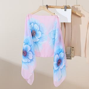 TEMU 1개 신상 봄/여름 여성용 가벼운 플로럴 프린트 쉬폰 스카프, 다기능 인조 진주 버튼 숄, 여행 및 데일리 사용에 적합, 여성용 발렌타인데이