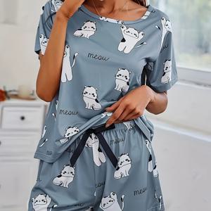 TEMU 여성용 파자마 세트 - 귀여운 고양이 프린트 반팔 탑 & 반바지, 연한 파란색 캐주얼 잠옷 